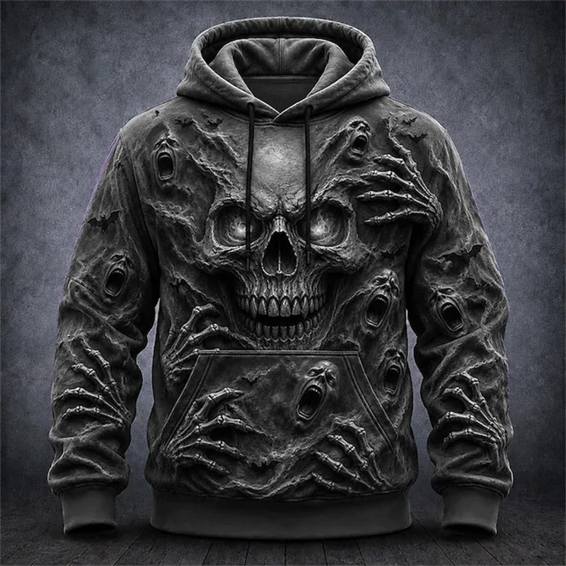 Men's Autumn Winter Halloween Hoodie Casual Pullover with Spooky Skull Print Loose Fit Festive Street-Style Top for Parties — image 2