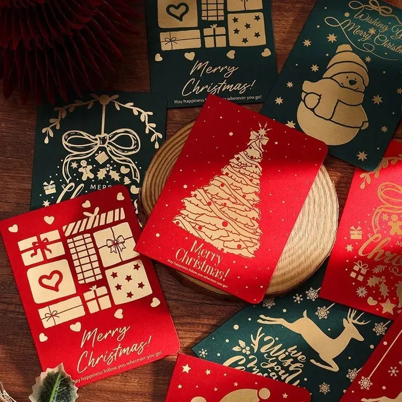 10Pcs Vintage Gold Foil Christmas Folding Greeting Cards Multi Pattern Blessing Holiday Cards New Year Postcard Gift Cards — image 5