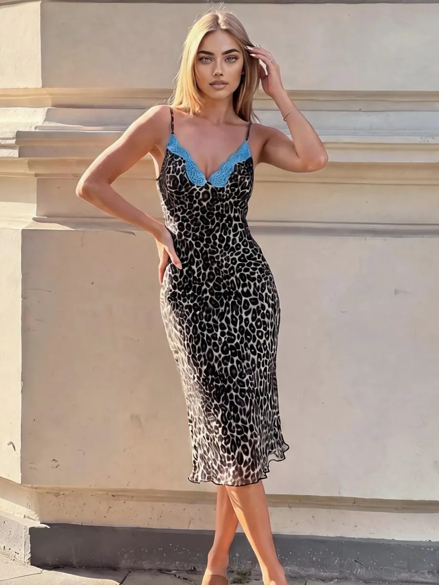 Dulzura Women Sexy Leopard Backless Lace Patchwork Mesh Slip Midi Dress Fashion Elegant Mermaid Dress Evening Party Prom Clothes — image 2