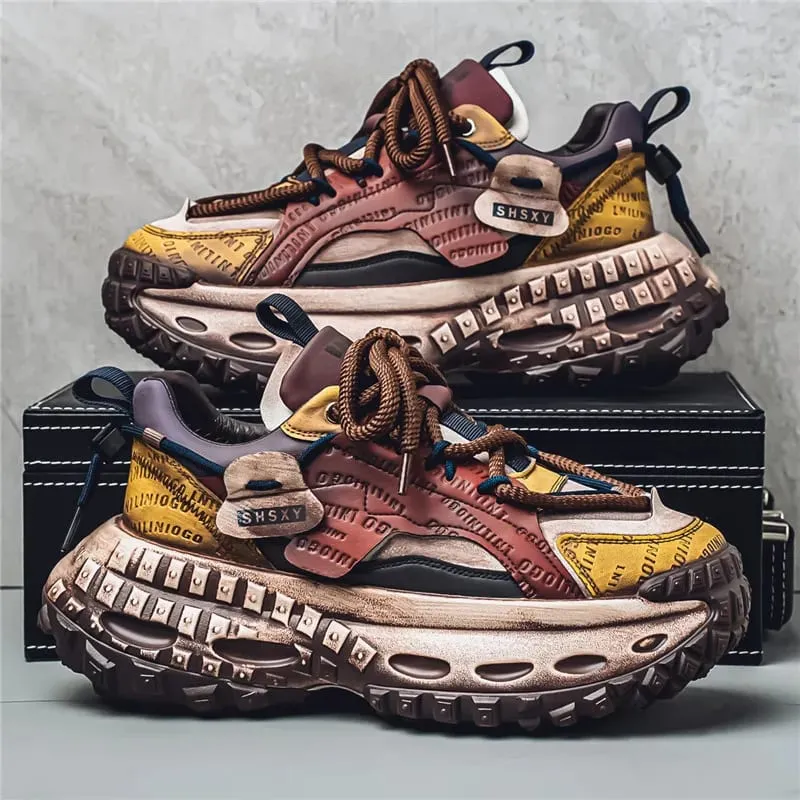 Men's Casual Sneakers with a Patchwork Upper Thick Jute Laces and a Tire-Like Serrated Sole for Added Height and Anti-Slip Grip Making Them Eye-Catching and Suitable for Various Outfits Including Street Wear and Everyday Casual Wear.