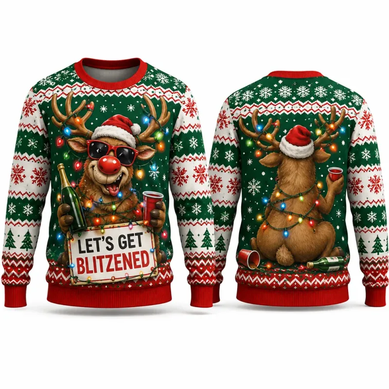 Lets Get Blitzened Reindeer Christmas Sweatshirt 3D Print Crewneck Unisex New Funny Ugly Xmas Party Holiday Jumper Autumn Wear