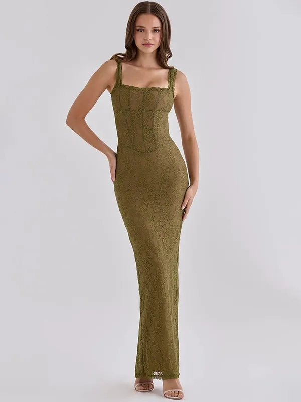 Mozision Women Elegant Lace Sexy Maxi Dress Sleeveless Spaghetti Strap Bodycon Dress Party Evening Cocktail Mermaid Dresses