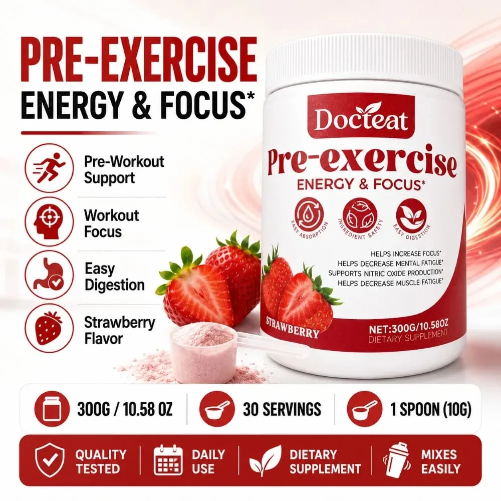 Docteat Pre Workout Powder Strawberry Energy & Focus Support Beta-Alanine L-Citrulline Rhodiola 300g 30 Portioner Drikkeblanding — image 2