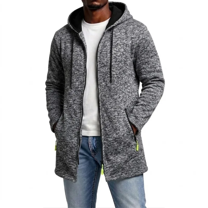 New Men's Zip Up Hoodie Casual Mid-Length Sweatshirts Fleece Jacket Warm Winter Hooded Trench Coat Outerwear with Zipper Pockets — image 9