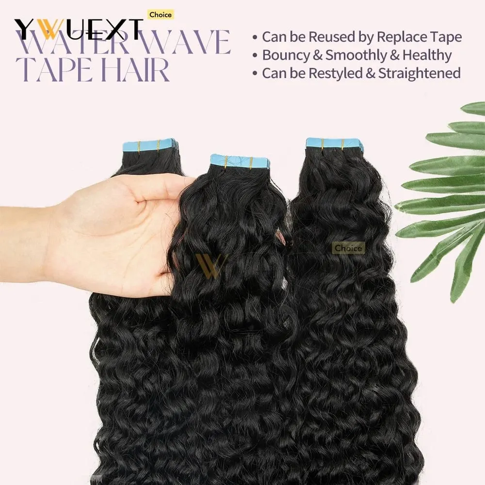 Water Wave Tape In Hair Extensions Human Hair Natural Black Color 1B# for Women 20pcs/pack Thick End Hair Extensions — image 4