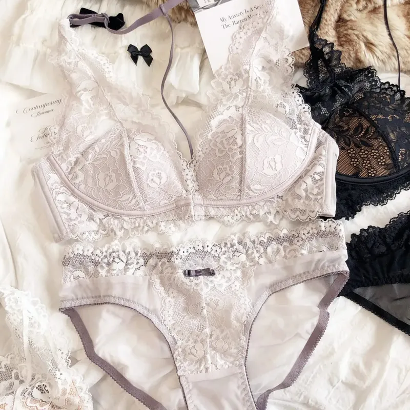 Sexy Lace Embroidery Women Lingerie Set French Thin Cup Halter Bikini Bra High Quality Push Up Bralette Backless Underwear Set — image 7