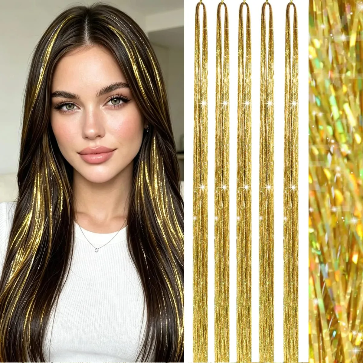 Hair Tinsel 5 Packs 40 Inch Tinsel Hair Extensions Gold Heat Resistant Glitter Sparkling Shinny Fairy Hair Synthetic