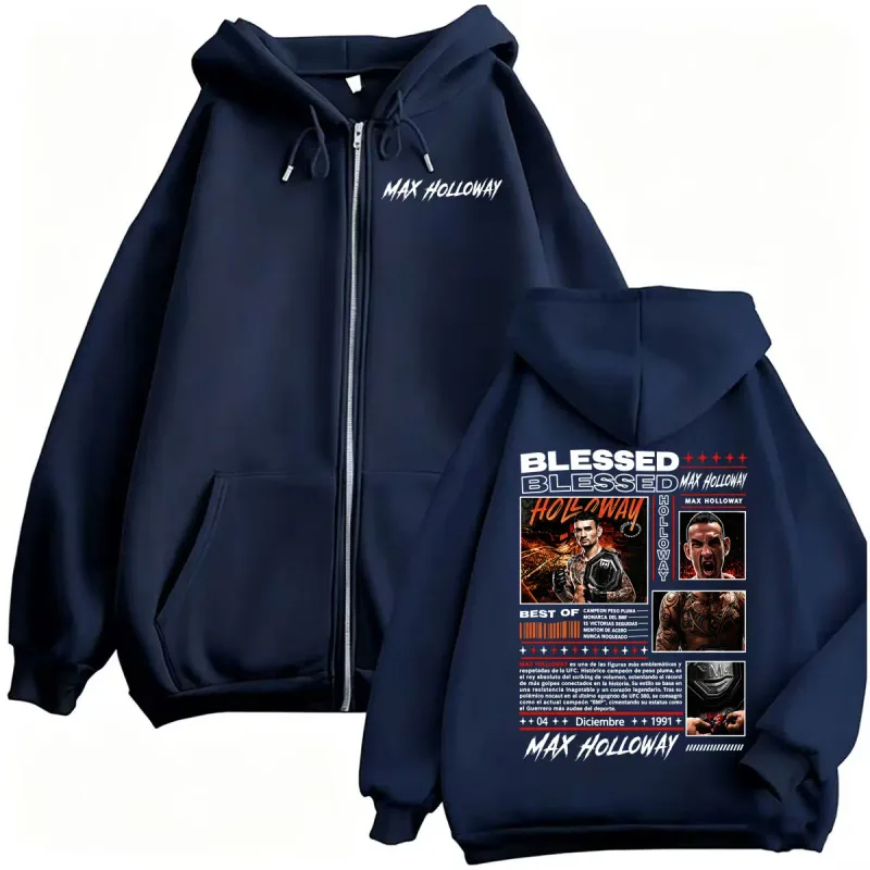 Max Holloway Blessed Retro Zip Up Hoodies Men's Harajuku Streetwear Sweatshirt Jacket Coats Bodywarmer Cozy Fleece Zipper Hoodie — image 4