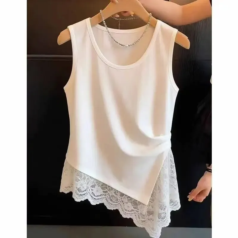 Tagsibol at tag-araw na malalaking sukat na damit ng kababaihan bagong commuter wind pleated na disenyo kahulugan lace lace splicing irregular vest — image 6