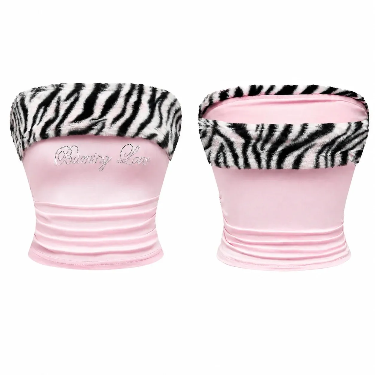 Women Y2K Tiger Print Faux Fur Trim Off Shoulder Top Rhinestone Burning Love Lettering Ruched Waist Fitted Bodycon Cropped Long Sleeve Bardot Tube Top Baddie Going Out Party Club，christmas valentine halloween cosplay costume plus size petit