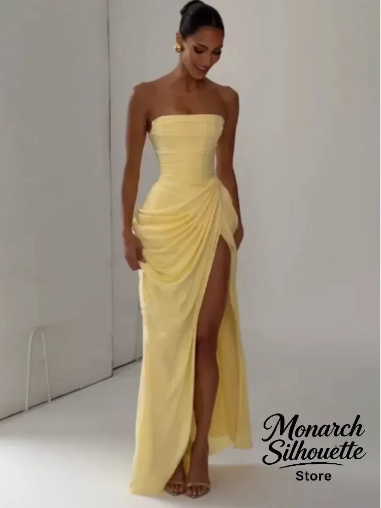 Elegant สีเหลือง Strapless จีบยาวชุดผู้หญิงเก๋แขนกุดเอว Cinching แยกชุด 2026 Lady Evening Party Robes — image 6