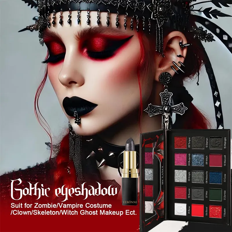 Paleta de sombras góticas 15 cores e batom preto - escuro romântico esfumaçado olho vampiro maquiagem de Halloween fosco brilho labial escuro — image 2