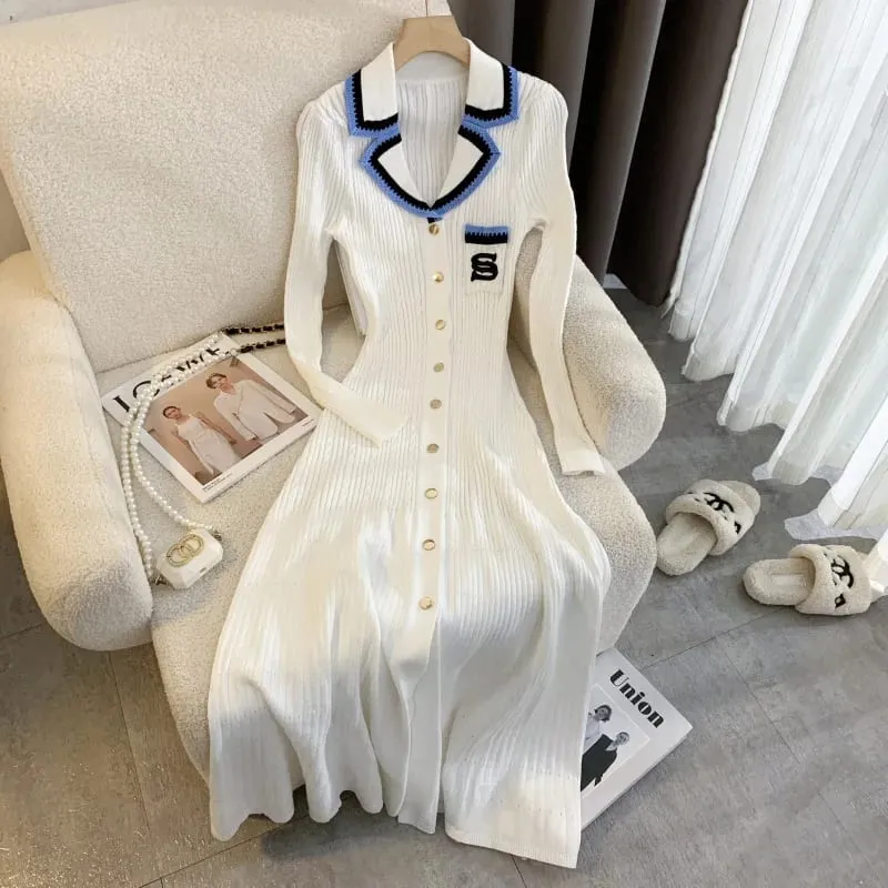 YuooMuoo marca de moda de una pieza de punto Maxi Vestido de mujer elegante con cuello en V con volantes cintura delgada ceñido al cuerpo suéter Vestido de fiesta