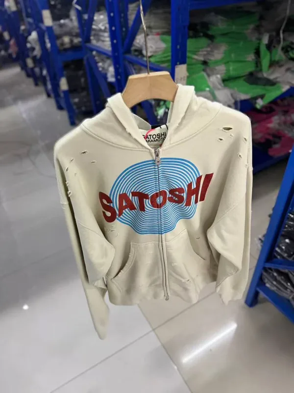 New Arrival Satoshi Zip Hoodie Destroyed Hole Design Loose Cotton Casual Outdoor Jacket Tops — image 19