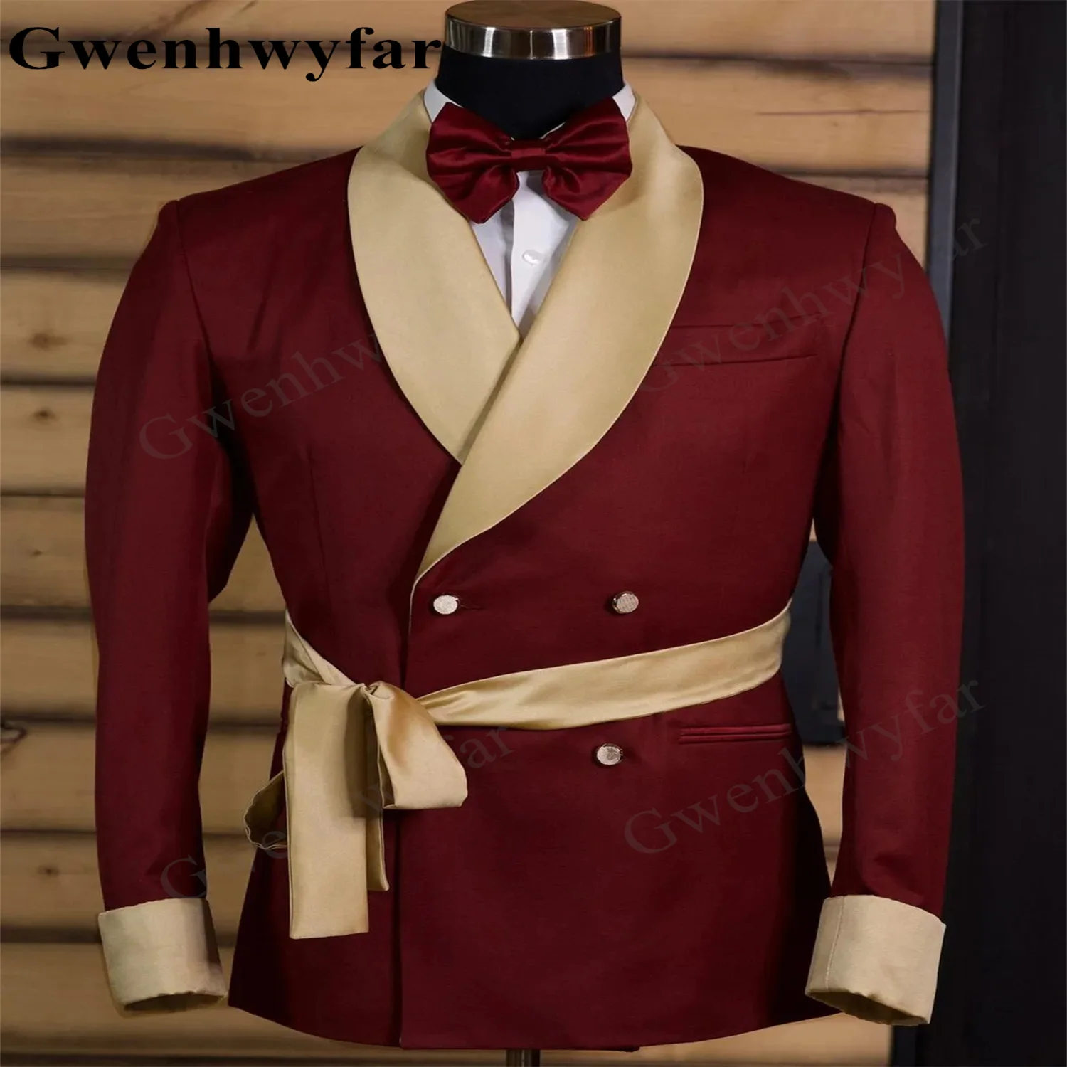 Gwenhwyfar Men's Deep Burgundy And Gold Satin Fabric Suits Tailored 2 Pieces Blazer Black Pants Two Button Shawl Lapel Wedding — image 1