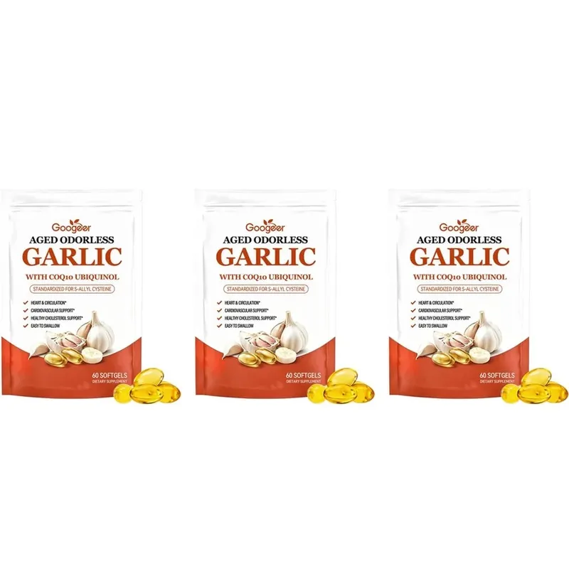 Cápsulas gelatinosas de alho inodoras envelhecidas Googeer com CoQ10 Ubiquinol Vitamina K2 (MK-7) para circulação e suporte ao colesterol 60 cápsulas gelatinosas — image 12
