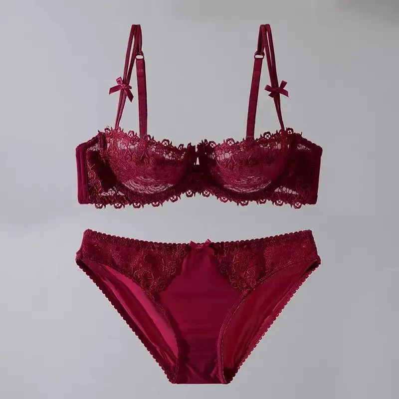 Conjunto de sujetador de encaje europeo, media copa semitransparente ultrafina, sujetadores Pure Desire para pecho pequeño, ropa interior cómoda antiflacidez — image 11