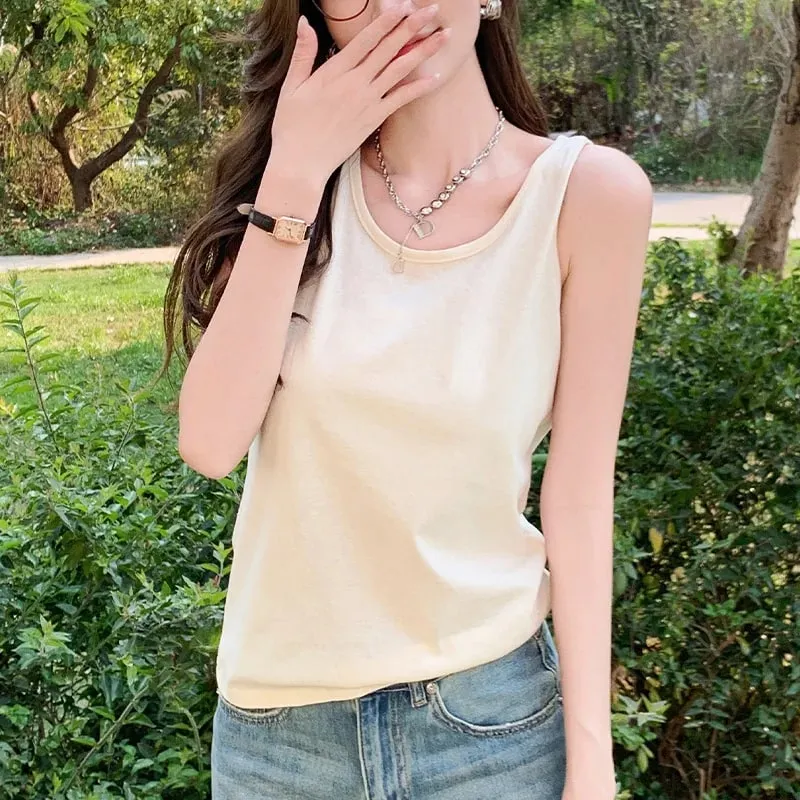 Women Cotton Tank Top Summer Outerwear Loose-Fitting Fitted Layering Round Neck Sleeveless Lightweight Breathable Simple Casual — image 2