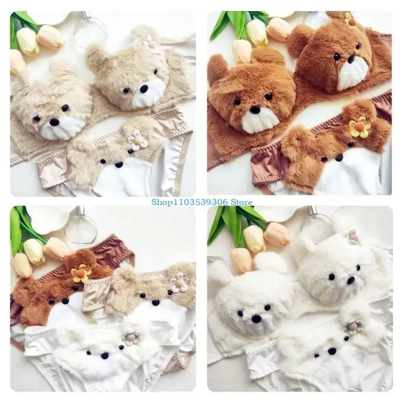 400A Women Cartoon Plush Bra Panty Set Funny Bear Bra Panties Set Lovely Lingerie — image 4