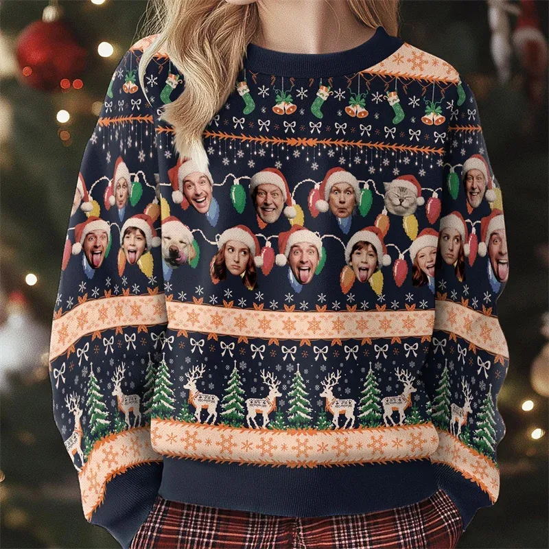 Personalized Custom Multi‑Face Christmas Sweatshirt Upload Family Pet Photos Ugly Xmas Reindeer Holiday Long Sleeve Tops — image 3