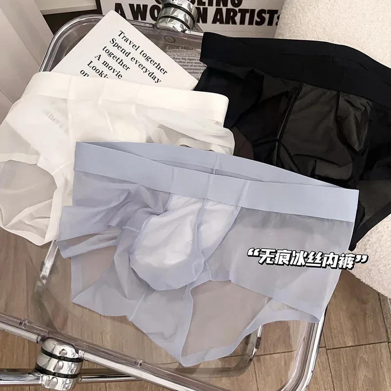 Cuecas masculinas transparentes ultra-finas de seda gelo calcinha de secagem rápida sexy u bulge bolsa homem roupa interior respirável cuecas — image 10