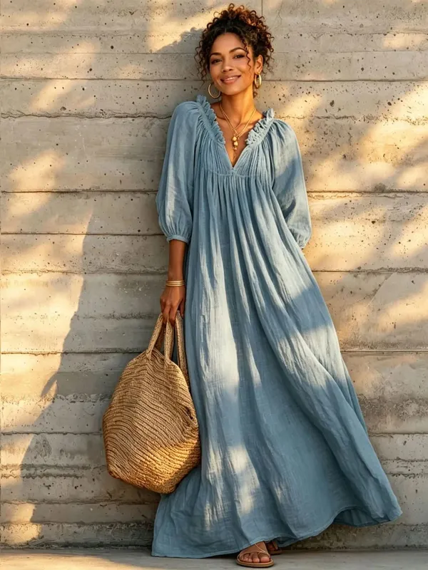 Women Boho Dresses V Neck Lantern Sleeve Maxi Dress Vacation Loose Beach Cover Up Dress Spring Summer Overall Jumpsuit Playsuit — image 8