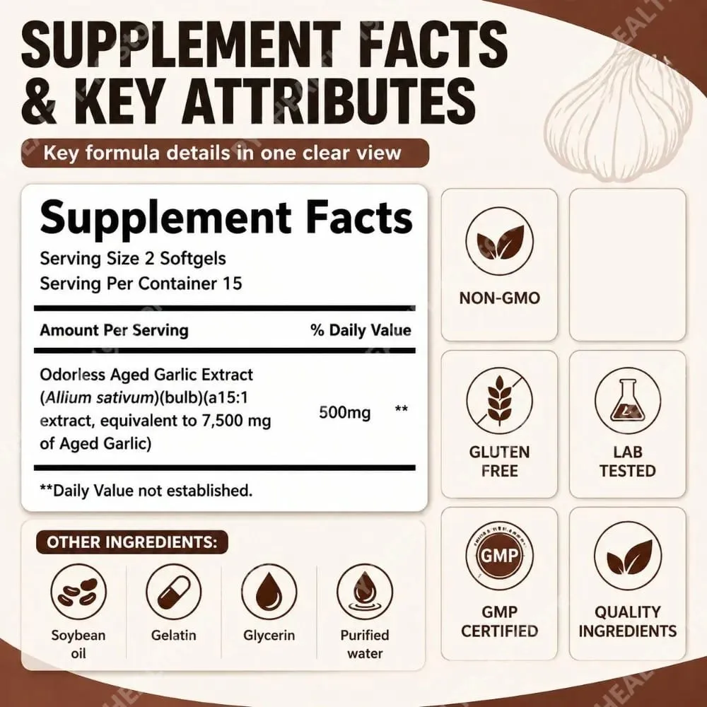 Άοσμο παλαιωμένο εκχύλισμα σκόρδου Softgels 7500mg ισοδύναμης 24-μηνης ζύμωσης για ανοσοκαρδιομεταβολική υποστήριξη Ενήλικες 30 Αριθμός — image 3