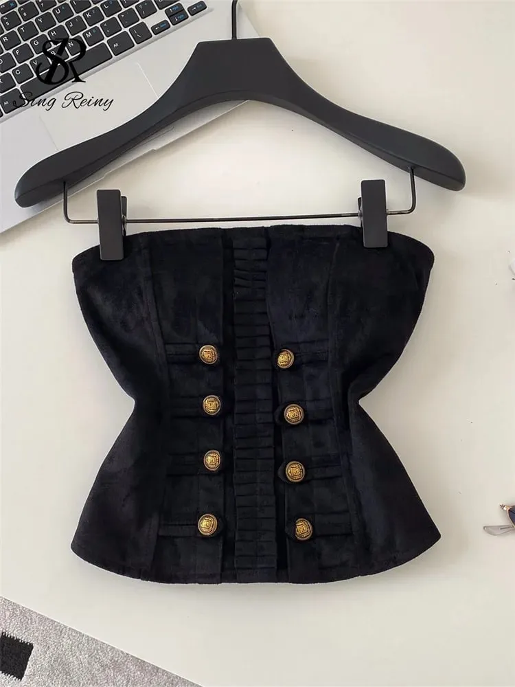 Fake Suede Senior Vintage Tank Top Autumn Female Metal Button Bodycon Top French Sensual Chic Commute Party Camisole — image 5