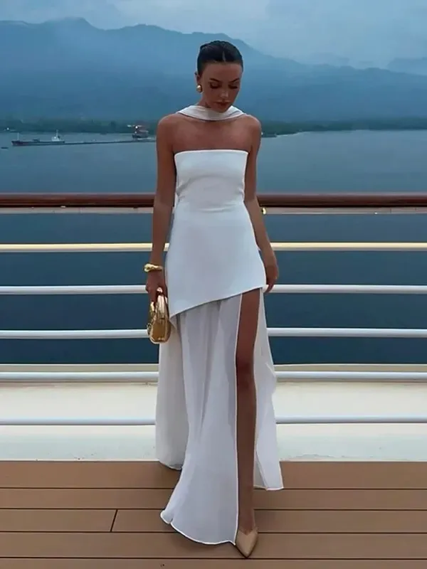 Maxivestido liso empalmado con cinta para mujer, Vestidos largos elegantes sin tirantes y sin mangas con abertura, novedad de 2025, Vestidos de fiesta de verano para mujer