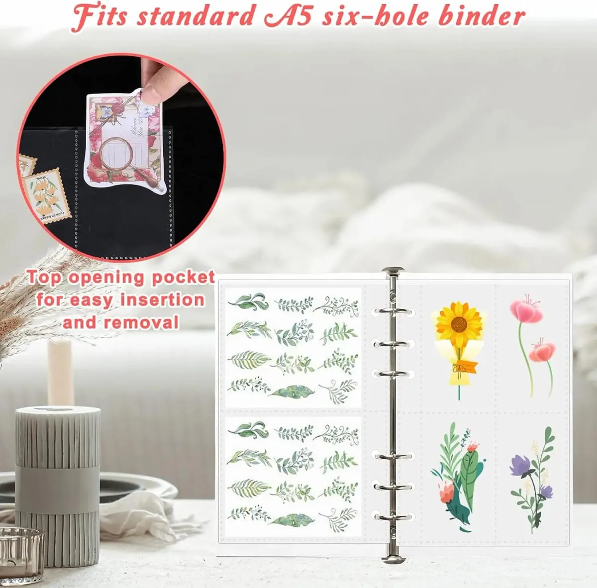 A5 klare bindearkbeskyttere 30 pakke PVC genopfyldningsindsatser 1 2 4 lommesider til 6 ringbindsmærkat Fotobilletkort Kontant — image 4