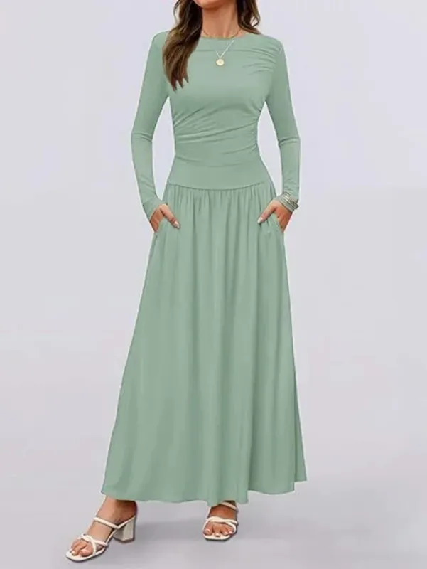 Musim luruh Ketibaan Baru Wanita Lengan Panjang Maxi Dress Selesa Fit Ruched Detail Pelbagai Warna untuk Pakaian Kasual Setiap Hari
