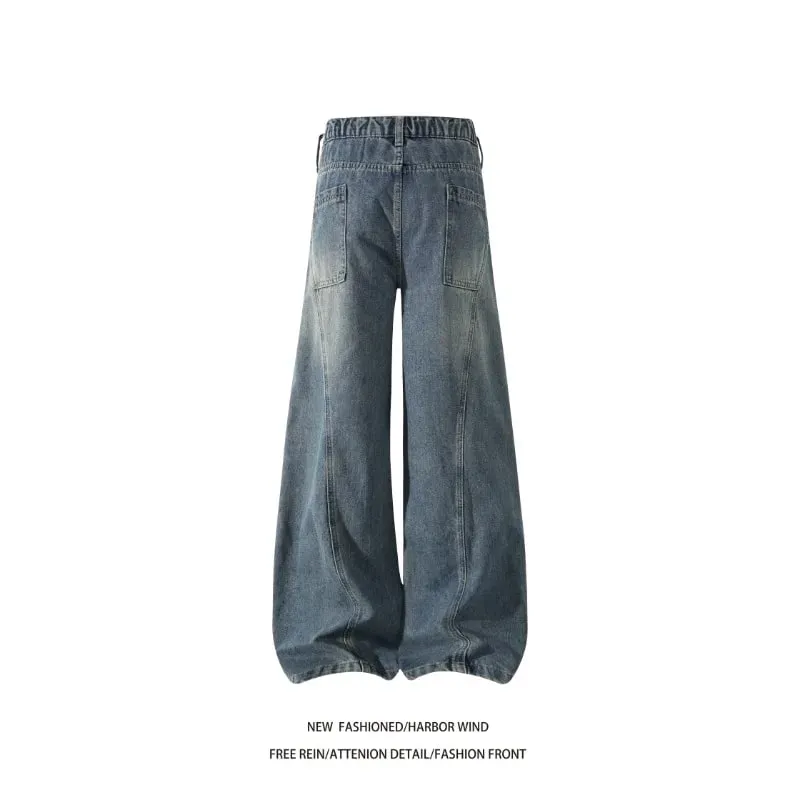 Men 2026 American Style Wide Leg Scimitar Jeans Contrast Stitch Spliced Pleated Design Loose Casual Long Denim Pants For Male