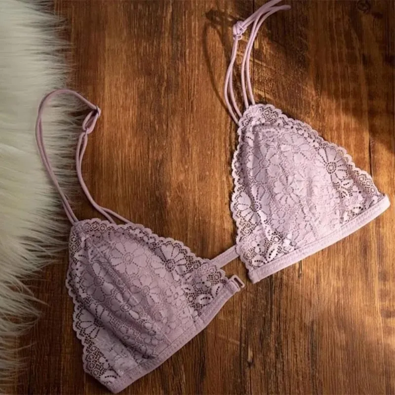 Reggiseno a triangolo sottile in pizzo sexy stile francese con bottone frontale Intimo senza fili da donna senza anello in acciaio Bellissimo reggiseno sulla schiena