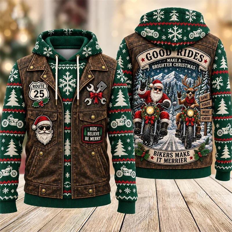 Christmas Biker Hoodie 3D Print Santa Reindeer Gingerbread Rider Faux Leather Vest Holiday Pullover Winter Streetwear Gift — image 8