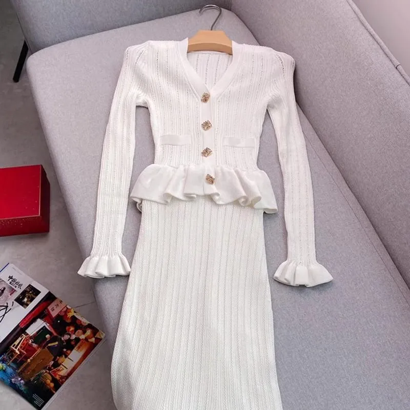 YuooMuoo marca de moda de una pieza de punto Maxi Vestido de mujer elegante con cuello en V con volantes cintura delgada ceñido al cuerpo suéter Vestido de fiesta