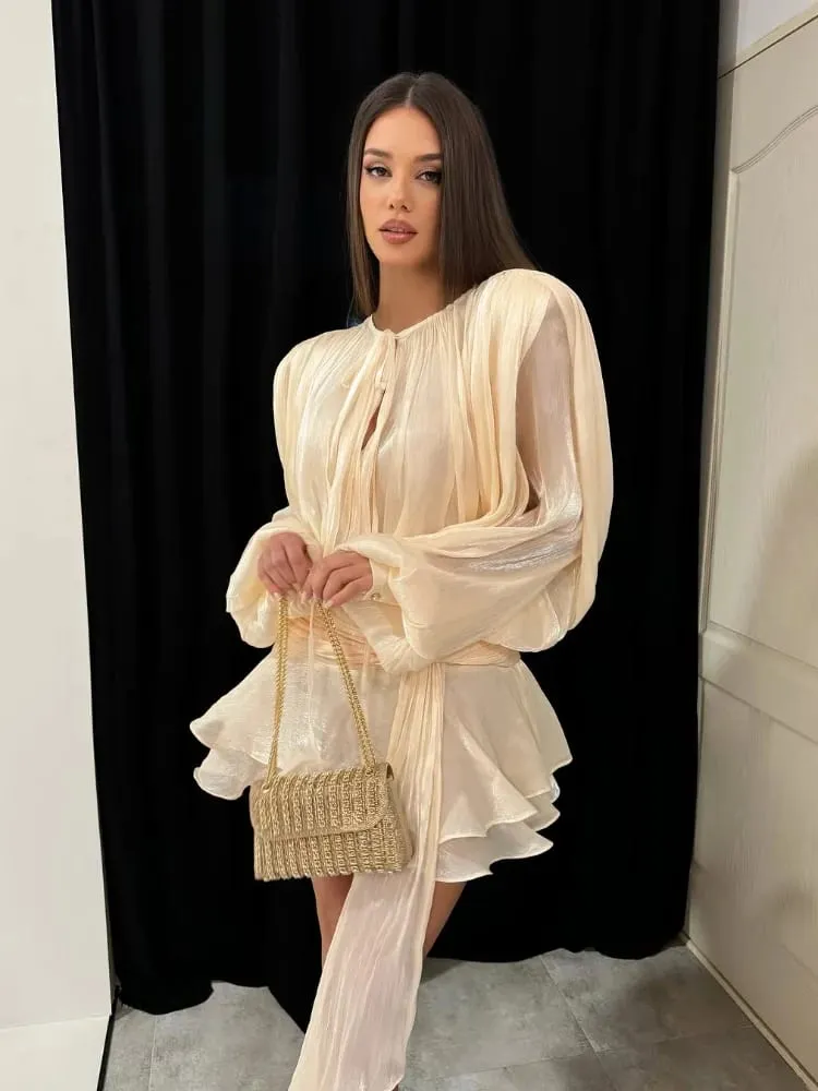 Mini robe à lacets à volants brillants pour femmes, Chic, ample, ajourée, ligne a plissée, robes de soirée d'été, nouvelle collection 2026 — image 4