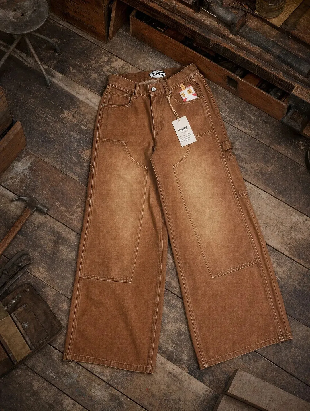 Brown Carpenter Jeans Men Women Heavy Pocket Embroidery Wide Leg Detail Streetwear Casual Fashion Pants Loose Fit Soft Y2K — image 2