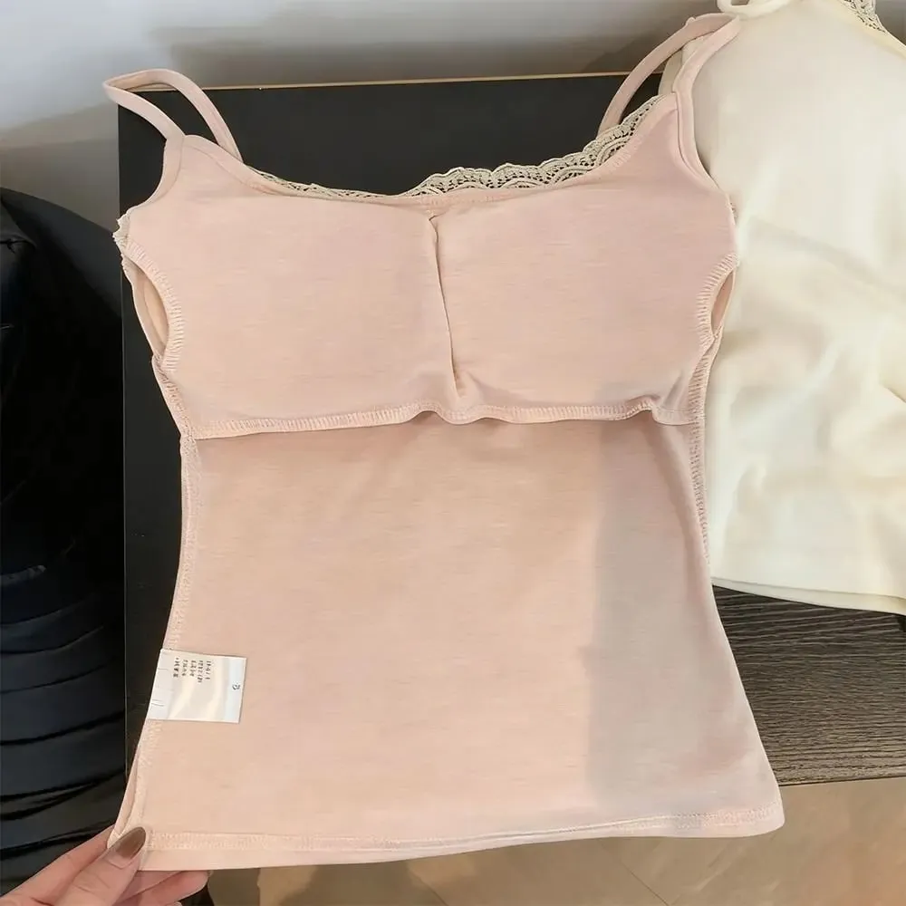 Fashion with Chest Pad Camis Tank Tops Elastic Versatile Lace Tops Integrated Top Warm Undershirt Women Clothes