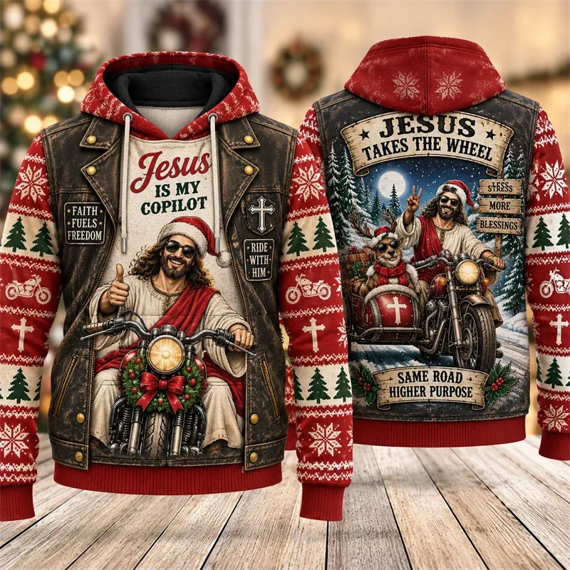 Funny Jesus Christmas Biker Hoodie 3D Graphic Motorcycle Rider Vintage Holiday Pullover Winter Streetwear Party Casual Gift — image 2