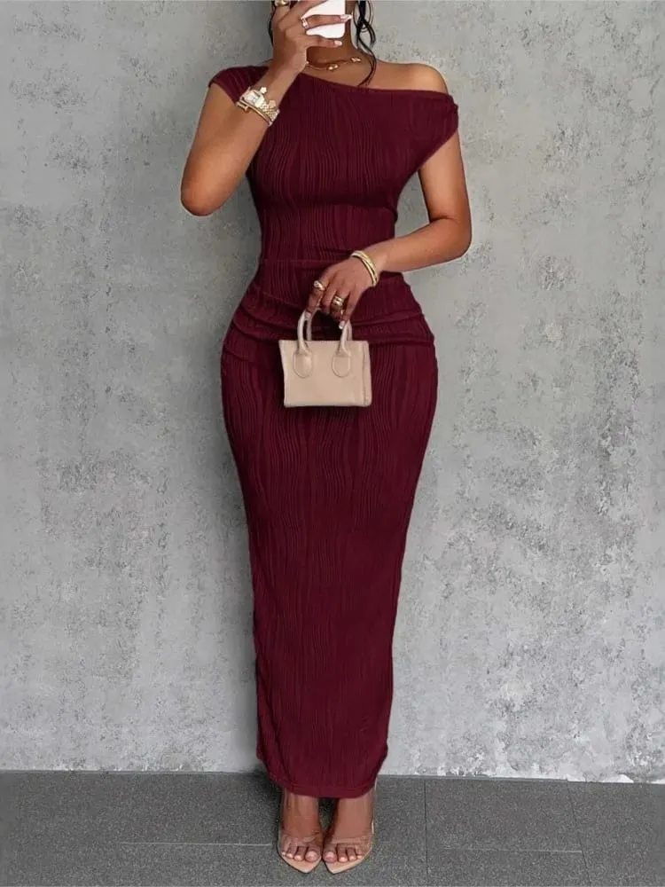 Módní vlnité šaty se šikmými rameny Dámské elegantní a jednoduché jednobarevné límec do áčka Mid pasem Sexy zavinovací sukně