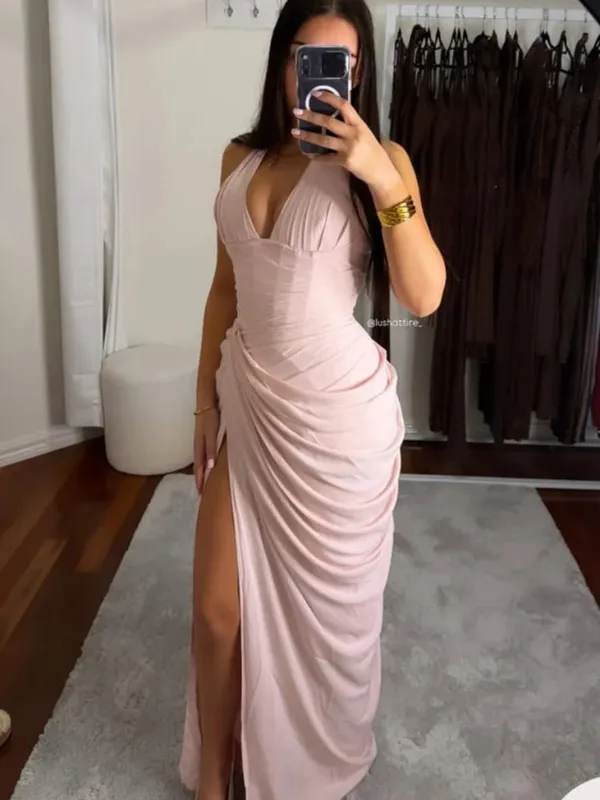 Elegant สีเหลือง Strapless จีบยาวชุดผู้หญิงเก๋แขนกุดเอว Cinching แยกชุด 2026 Lady Evening Party Robes — image 25