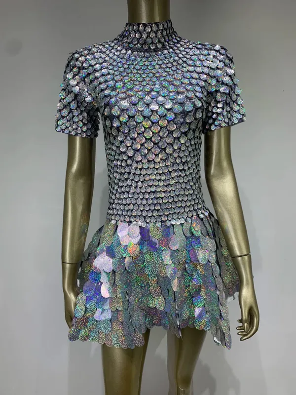 Estate donna moda mezzo collo alto manica corta sirena lucida paillettes mini abito club abito discoteca costume da spettacolo teatrale — image 5
