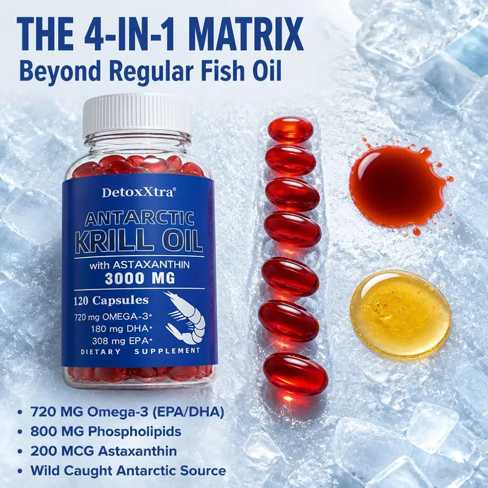 Antarktik Krill Yağı 3000mg Kapsül Omega-3 EPA DHA Astaksantin ve Fosfolipitler Antioksidan Kalp Beyin Eklem ve Göz Desteği
