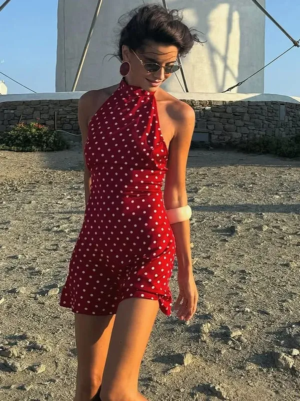 Chic Backless Polka Dot Halter Dress Women's Sleeveless Off Shoulder Lace Up Mini Vestidos 2026 Summer Lady Holiday Party Robe — image 8
