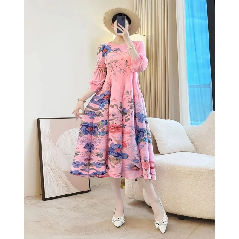Miyake – robe plissée à imprimé Floral pour femmes, élégante, Chic, col rond, manches lanternes, élastique, ample, décontractée, nouvelle collection — image 5
