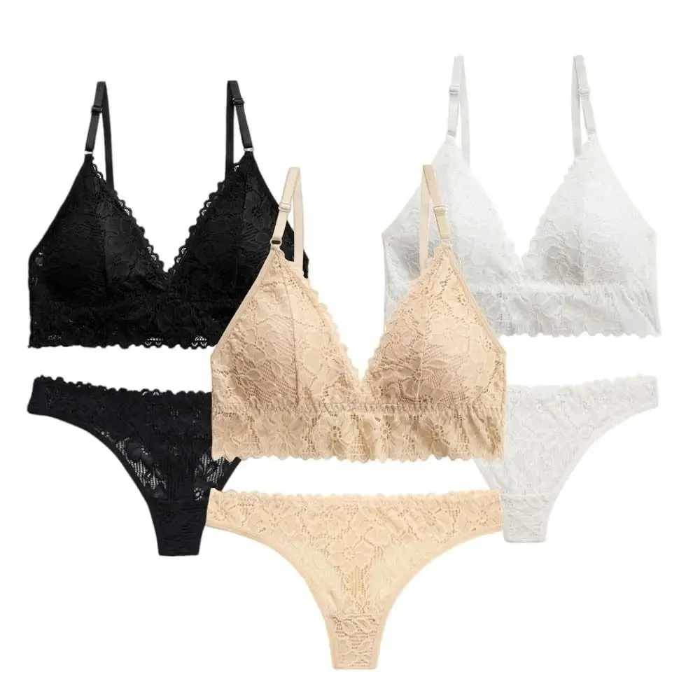 Underpants V Neck Lace Flower Bra Set Solid Color Low Waist Floral Panties Bra Kit T-Back Lingerie Lace Underwear Girls — image 6