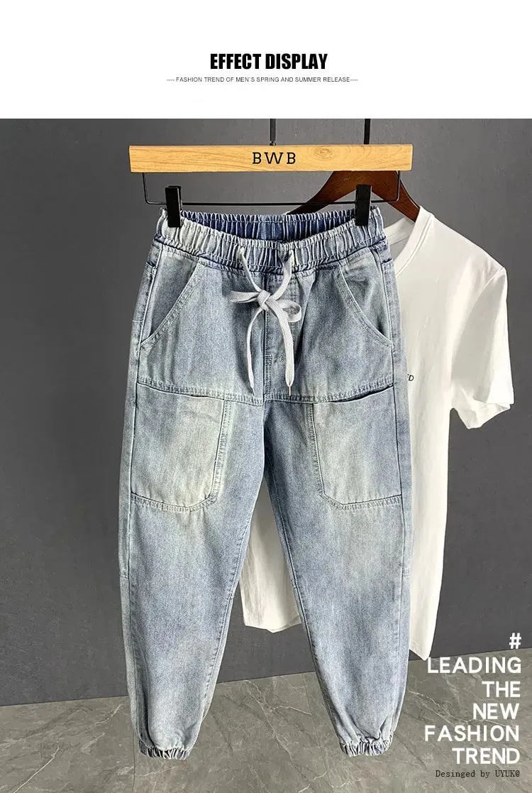 Pakaian jalanan Mewah Musim Gugur baru Korea Harajuku Stretch Lelaki Slim Solid Denim Kasual Seluar Pensel Seluar Jeans longgar kargo lelaki — image 6