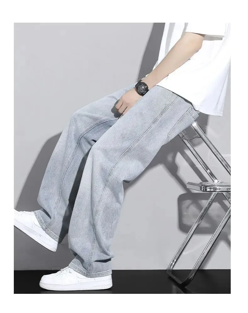 Men's Straight Leg Jeans American High Street High-quality Drawstring Design Daily Casual Loose Pants Washed Polished White — image 9