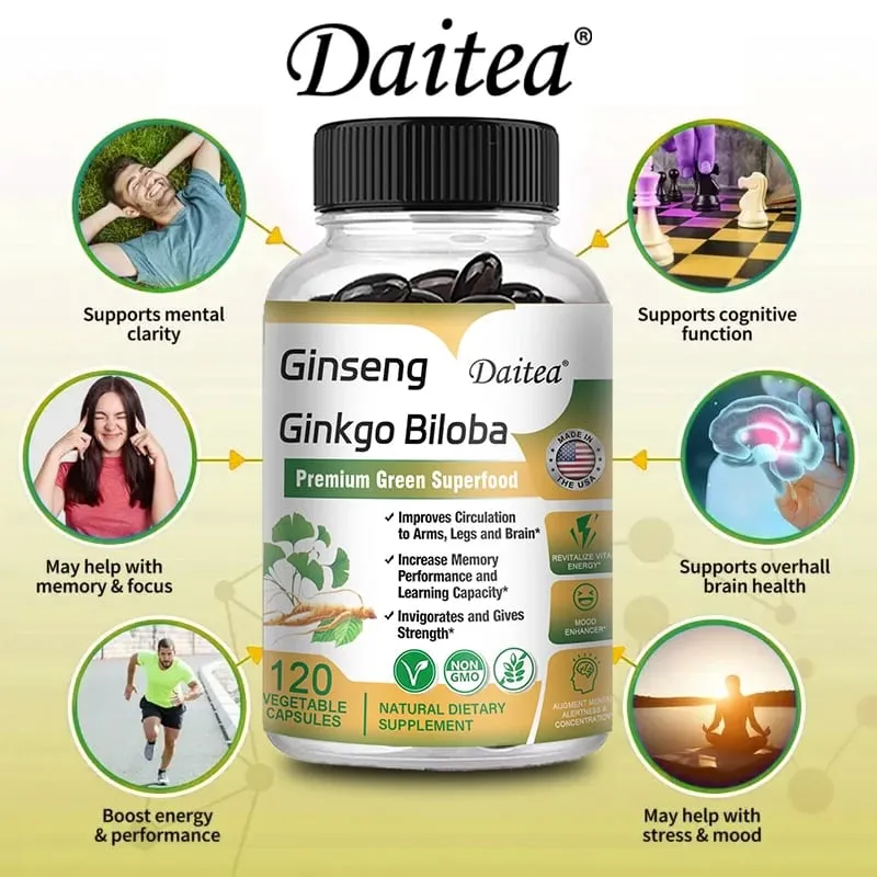 Ginseng + Ginkgo Biloba Capsules - Premium Non-GMO/Vegan Superfood - Traditional Energy Booster and Mood Soother — image 2