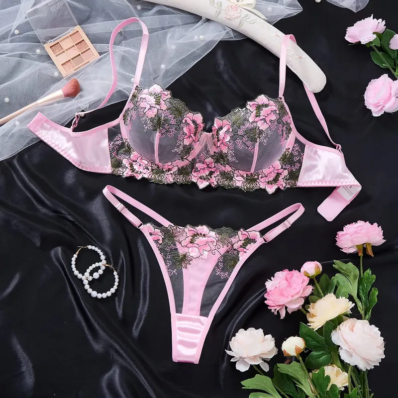Elegant Pink Floral Embroidered Lace Lingerie Set Women Push Up Bra Thong Mesh Satin Romantic Intimate Underwear ZA825146